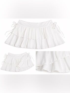 White Tiered Ruffle Skater Skirt with Side Tie